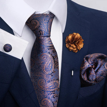 Luxury Mens Floral Black Gold Tie Set - Paisley Necktie Pocket Square Cufflinks  Brooch for Weddings and Parties - ZOOMNSTORE