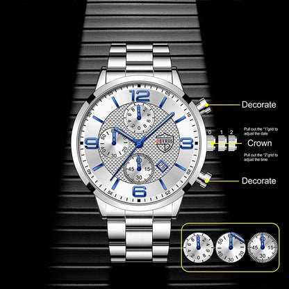 Luxury Mens Quartz Watch - Stainless Steel  Leather Luminous Calendar Clock - ZOOMNSTORE