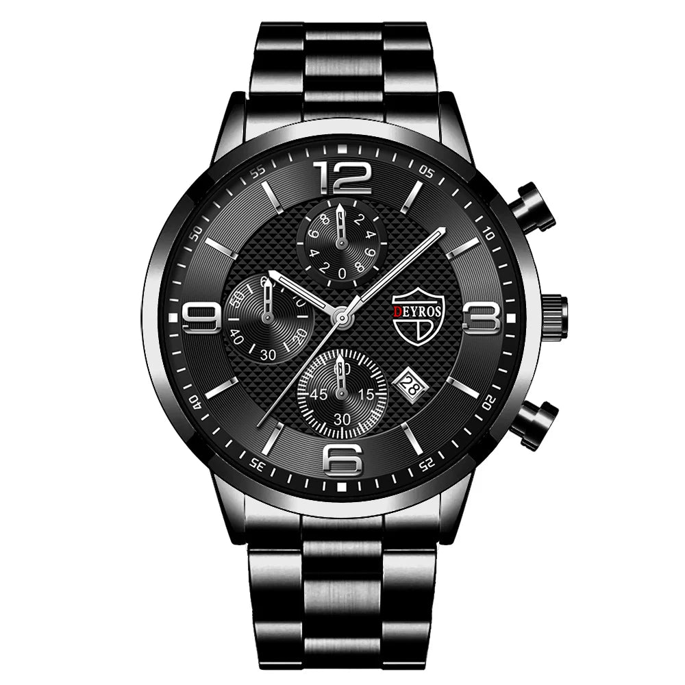 Luxury Mens Quartz Watch - Stainless Steel  Leather Luminous Calendar Clock - ZOOMNSTORE