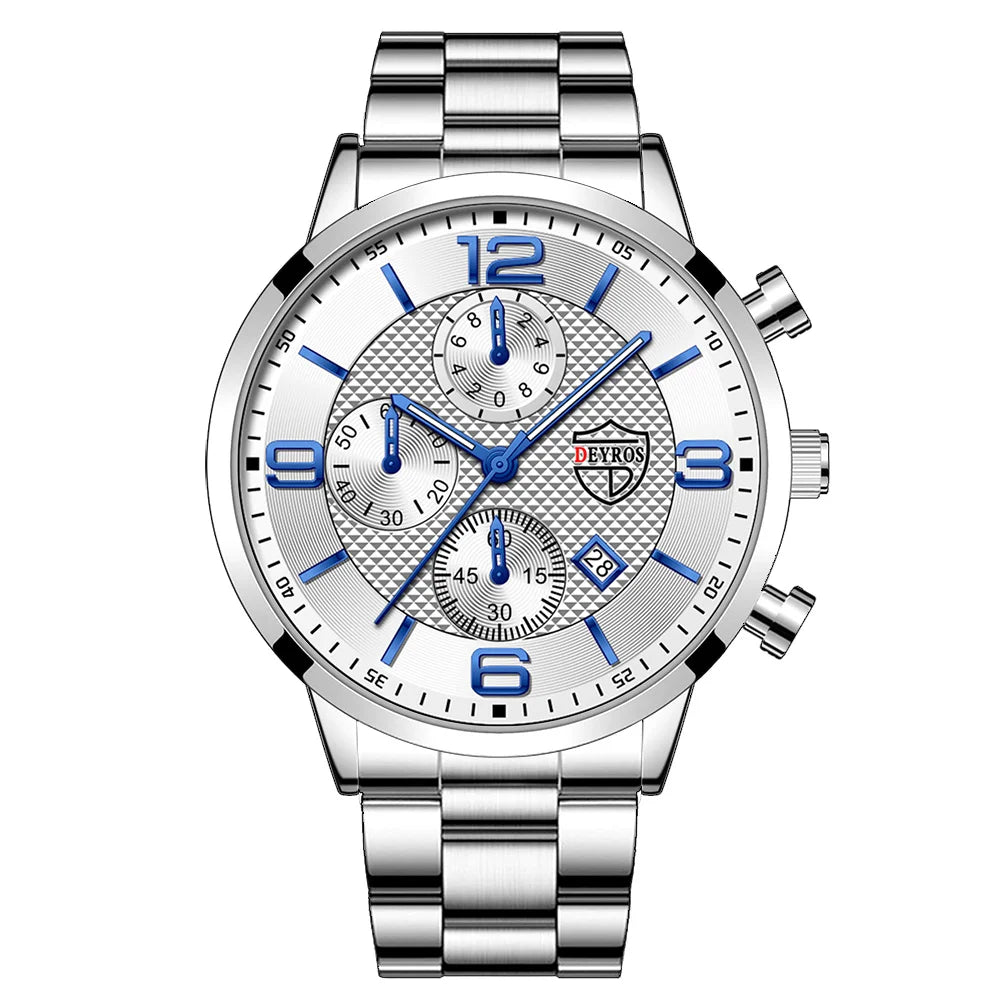 Luxury Mens Quartz Watch - Stainless Steel  Leather Luminous Calendar Clock - ZOOMNSTORE