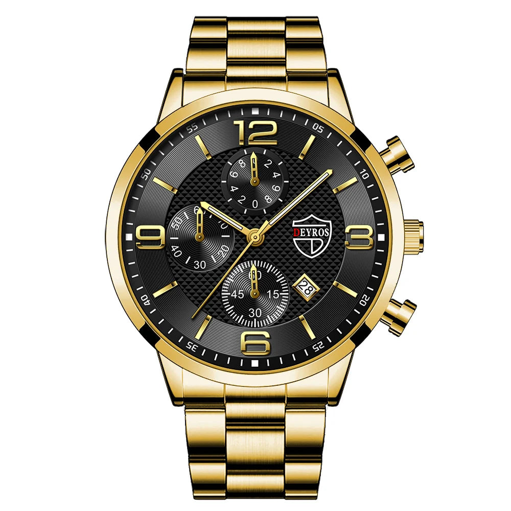 Luxury Mens Quartz Watch - Stainless Steel  Leather Luminous Calendar Clock - ZOOMNSTORE