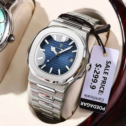 Luxury Mens Waterproof Watch - Stainless Steel Square Dial with Calendar - ZOOMNSTORE