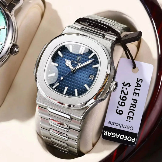 Luxury Mens Waterproof Watch - Stainless Steel Square Dial with Calendar - ZOOMNSTORE