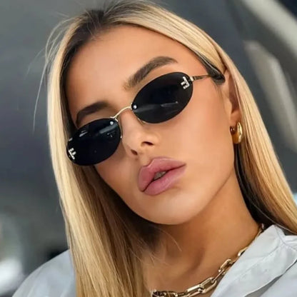 Luxury Rimless Diamond Letter F Sunglasses - Black Metal Oval Shades UV400 for Women - ZOOMNSTORE