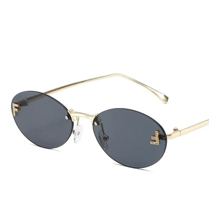 Luxury Rimless Diamond Letter F Sunglasses - Black Metal Oval Shades UV400 for Women - ZOOMNSTORE