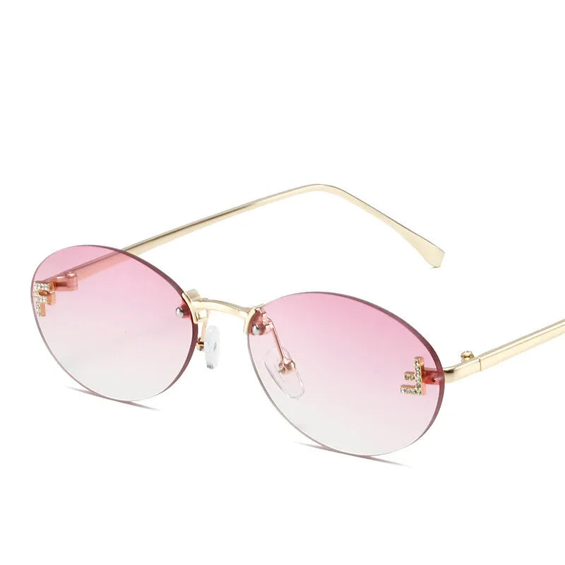 Luxury Rimless Diamond Letter F Sunglasses - Black Metal Oval Shades UV400 for Women - ZOOMNSTORE
