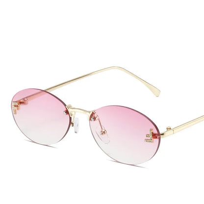 Luxury Rimless Diamond Letter F Sunglasses - Black Metal Oval Shades UV400 for Women - ZOOMNSTORE
