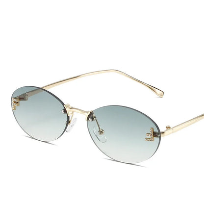 Luxury Rimless Diamond Letter F Sunglasses - Black Metal Oval Shades UV400 for Women - ZOOMNSTORE