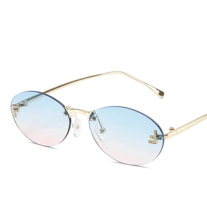 Luxury Rimless Diamond Letter F Sunglasses - Black Metal Oval Shades UV400 for Women - ZOOMNSTORE