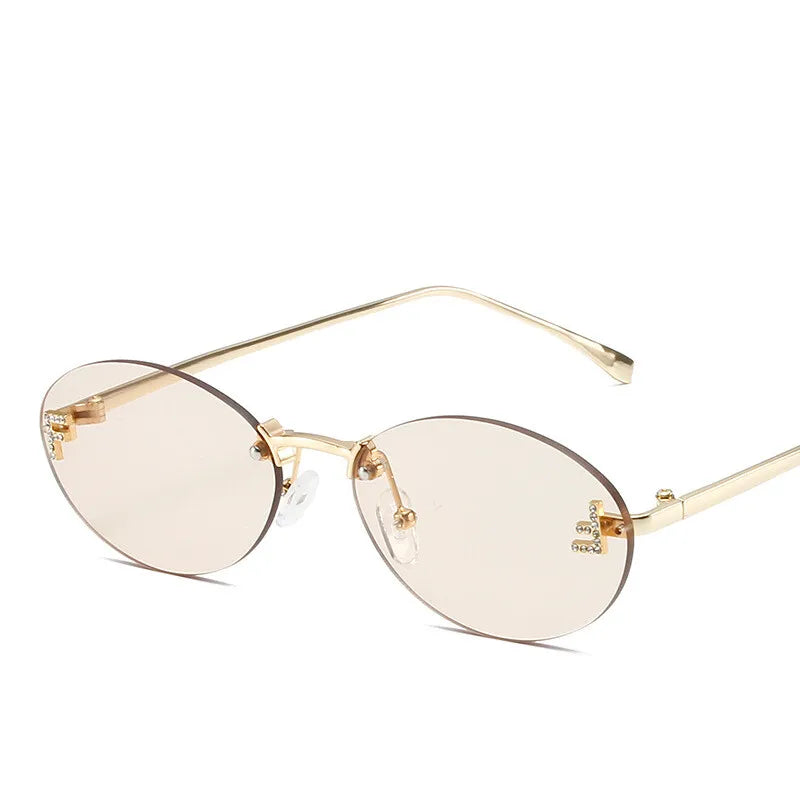 Luxury Rimless Diamond Letter F Sunglasses - Black Metal Oval Shades UV400 for Women - ZOOMNSTORE