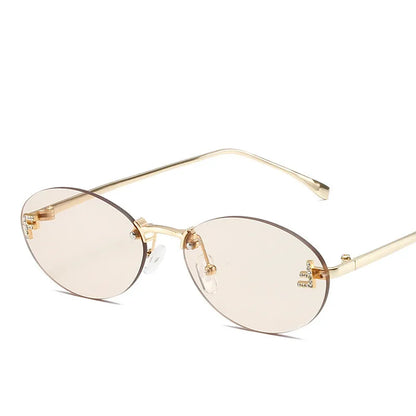 Luxury Rimless Diamond Letter F Sunglasses - Black Metal Oval Shades UV400 for Women - ZOOMNSTORE