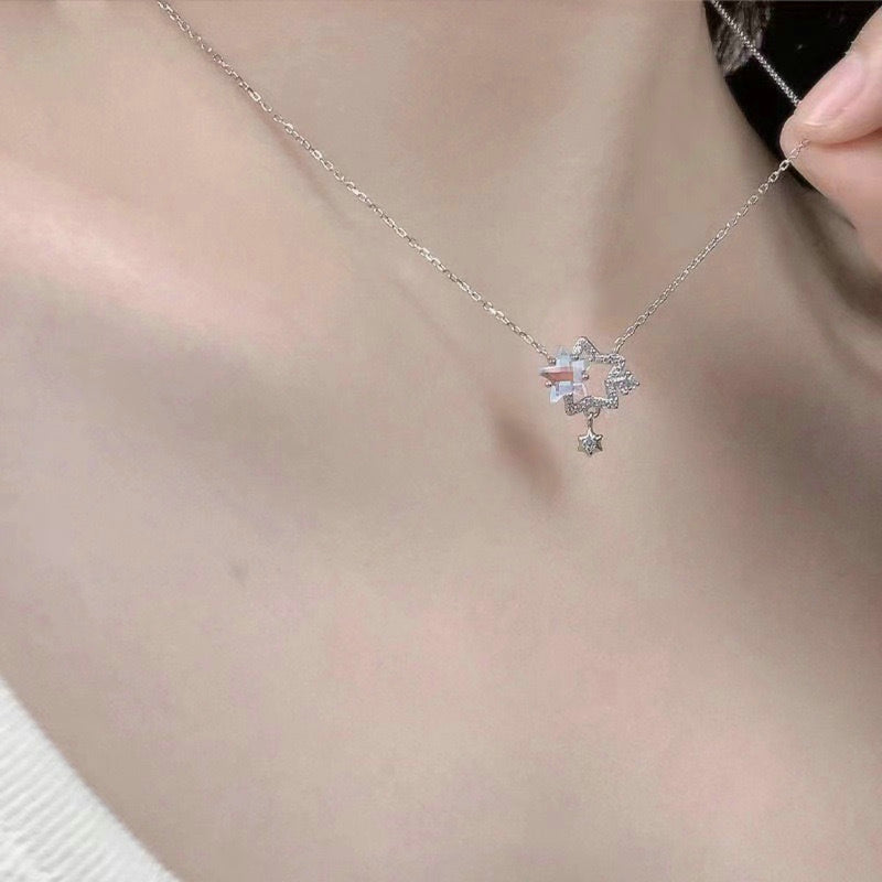 Fairy Elegant Pink Round Crystal Pendant Necklace Simple Design Korean Fashion Girls Women Star Clavicle Chain Jewelry Gifts