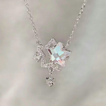 Fairy Elegant Pink Round Crystal Pendant Necklace Simple Design Korean Fashion Girls Women Star Clavicle Chain Jewelry Gifts
