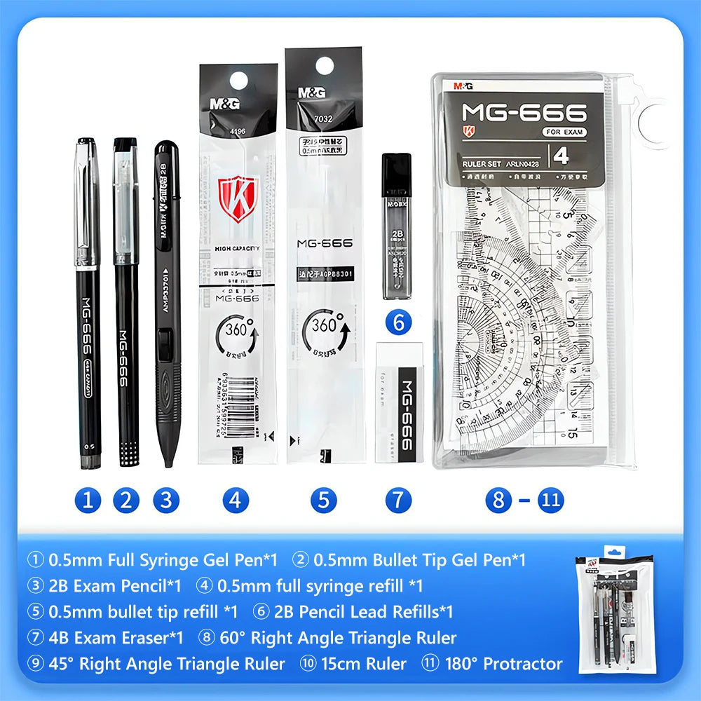 M&G 11pcs Exam Set (Gel Pen+Refill+2B Pencil+Ruler+Eraser) for Student Exam Back to School Stationeries - ZOOMNSTORE
