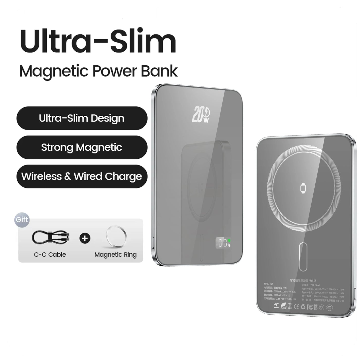 10000mAh Magnetic Power Bank 20W Wireless Powerbank Slim Portable Battery Charger for MagSafe iPhone 16 15 14 13 iWatch Samsung - ZOOMNSTORE