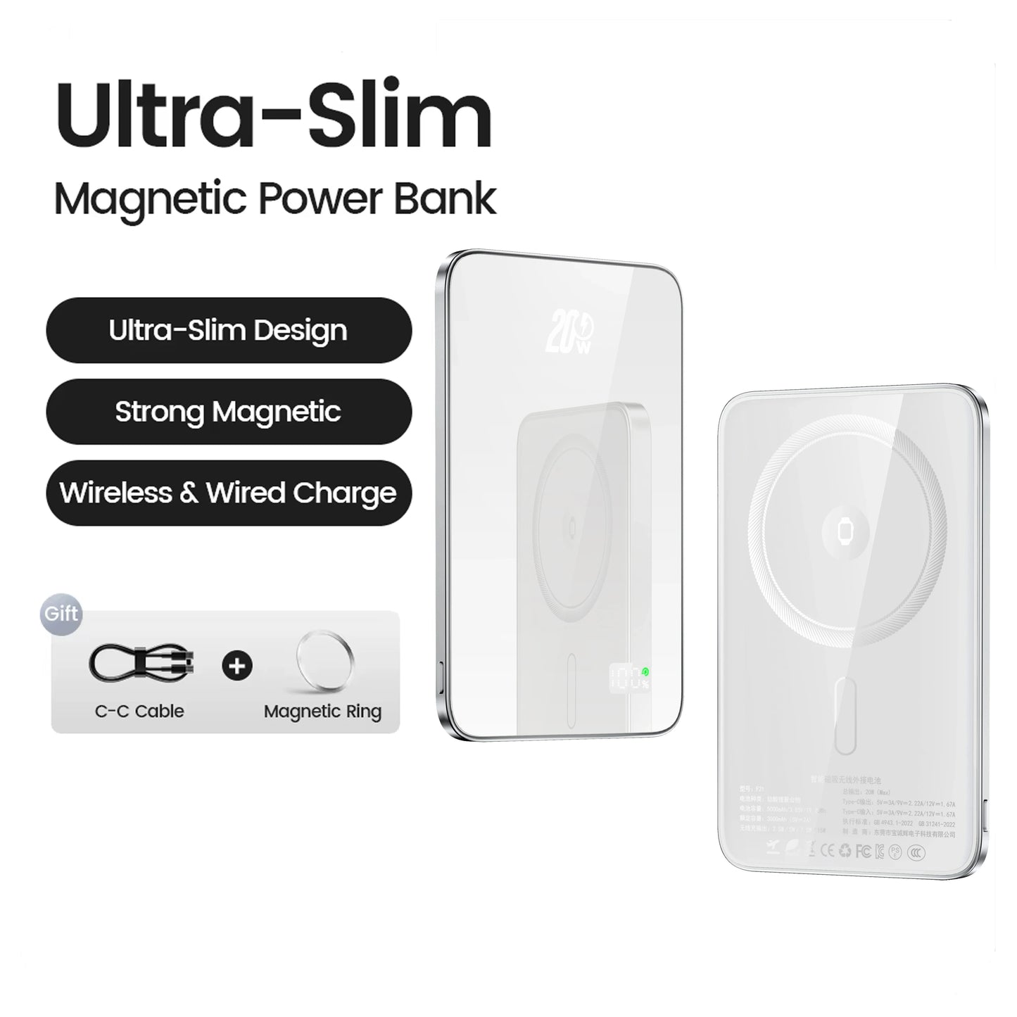 10000mAh Magnetic Power Bank 20W Wireless Powerbank Slim Portable Battery Charger for MagSafe iPhone 16 15 14 13 iWatch Samsung - ZOOMNSTORE