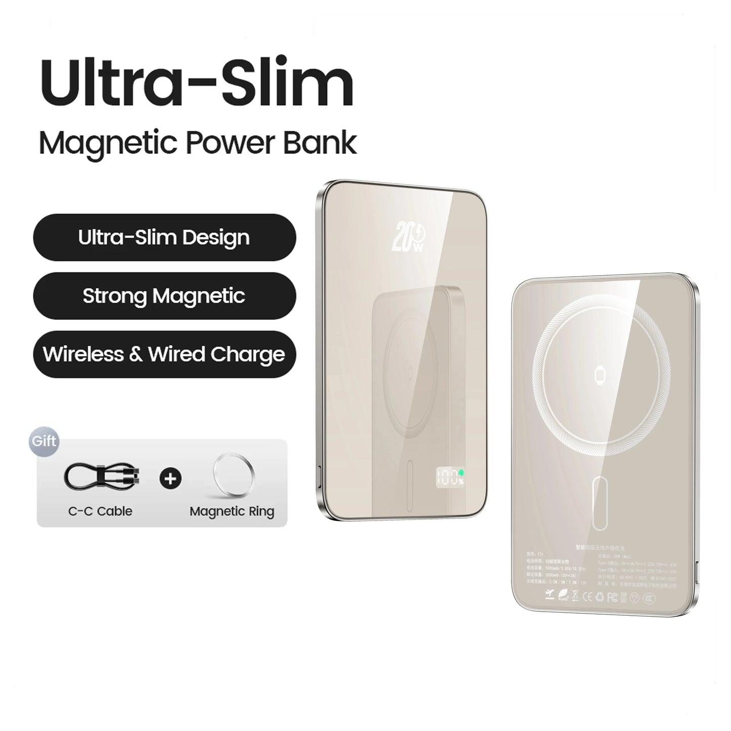 10000mAh Magnetic Power Bank 20W Wireless Powerbank Slim Portable Battery Charger for MagSafe iPhone 16 15 14 13 iWatch Samsung - ZOOMNSTORE