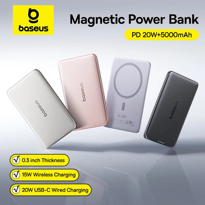 Baseus 5000mAh Magnetic Power Bank 15W Wireless 20W Wired Charging Thin Card-Sized Slim Portable Powerbank for iPhone Samsung - ZOOMNSTORE