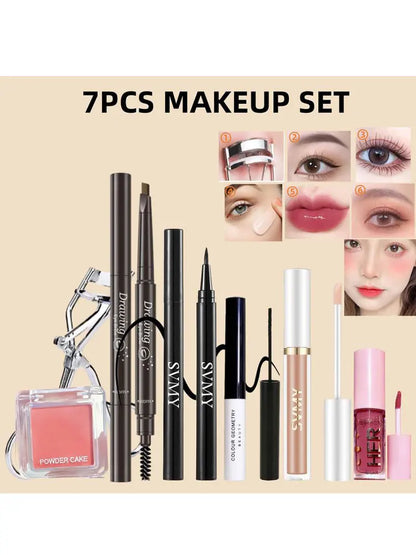 7 PCS Korean Makeup Set - Blush Concealer Eyebrow Pencil Eyeliner Mascara Lip Gloss Eyelash Curler - ZOOMNSTORE