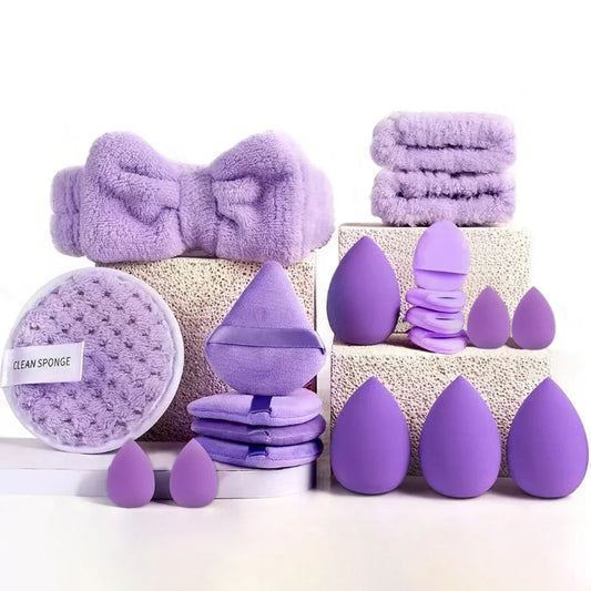 Makeup Sponge Kit - 20pcs Purple Cosmetic Puff Set with Air Cushion Headband & Wristband - ZOOMNSTORE