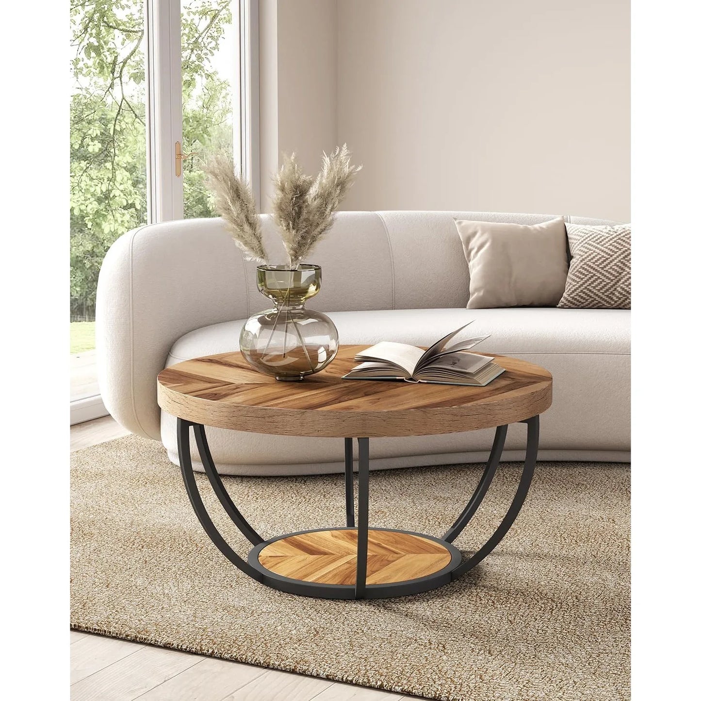 Modern 32 Circle Marble Coffee Table - 2-Tier Golden Metal Legs with Open Storage - ZOOMNSTORE