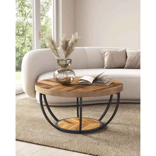 Modern 32 Circle Marble Coffee Table - 2-Tier Golden Metal Legs with Open Storage - ZOOMNSTORE