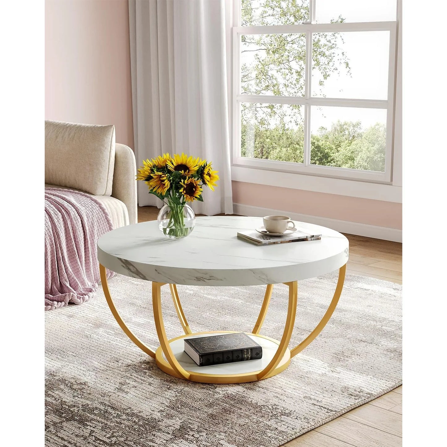 Modern 32 Circle Marble Coffee Table - 2-Tier Golden Metal Legs with Open Storage - ZOOMNSTORE