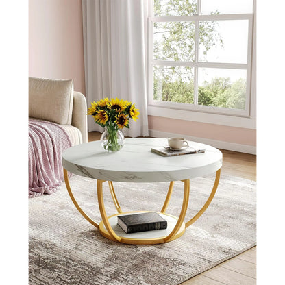 Modern 32 Circle Marble Coffee Table - 2-Tier Golden Metal Legs with Open Storage - ZOOMNSTORE
