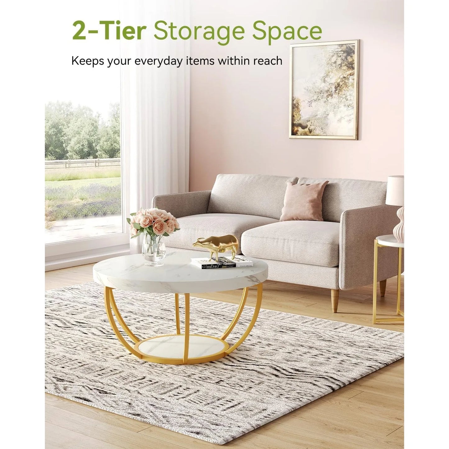 Modern 32 Circle Marble Coffee Table - 2-Tier Golden Metal Legs with Open Storage - ZOOMNSTORE