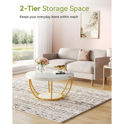 Modern 32 Circle Marble Coffee Table - 2-Tier Golden Metal Legs with Open Storage - ZOOMNSTORE
