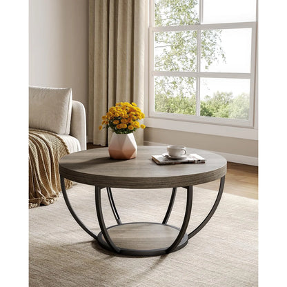 Modern 32 Circle Marble Coffee Table - 2-Tier Golden Metal Legs with Open Storage - ZOOMNSTORE