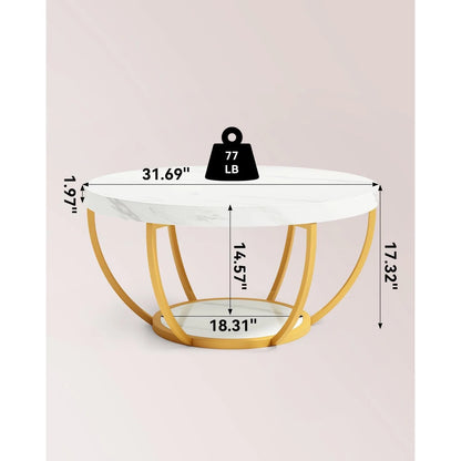 Modern 32 Circle Marble Coffee Table - 2-Tier Golden Metal Legs with Open Storage - ZOOMNSTORE