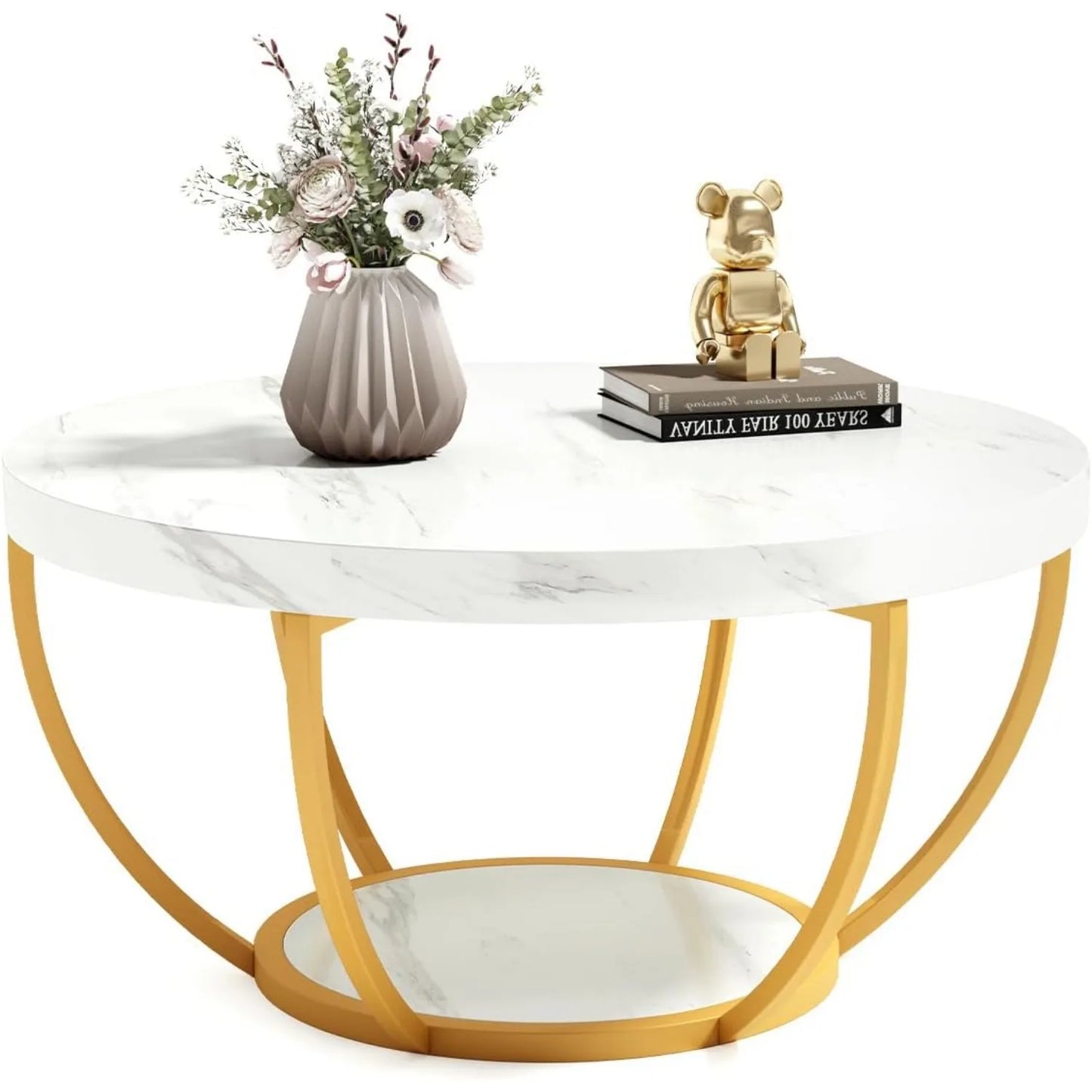 Modern 32 Circle Marble Coffee Table - 2-Tier Golden Metal Legs with Open Storage - ZOOMNSTORE