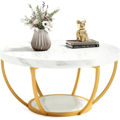 Modern 32 Circle Marble Coffee Table - 2-Tier Golden Metal Legs with Open Storage - ZOOMNSTORE