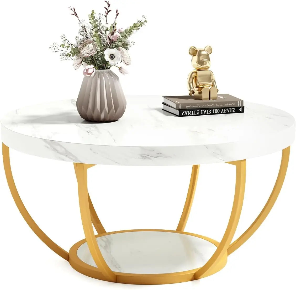 Modern 32 Circle Marble Coffee Table - 2-Tier Golden Metal Legs with Open Storage - ZOOMNSTORE