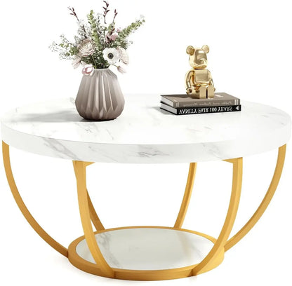Modern 32 Circle Marble Coffee Table - 2-Tier Golden Metal Legs with Open Storage - ZOOMNSTORE