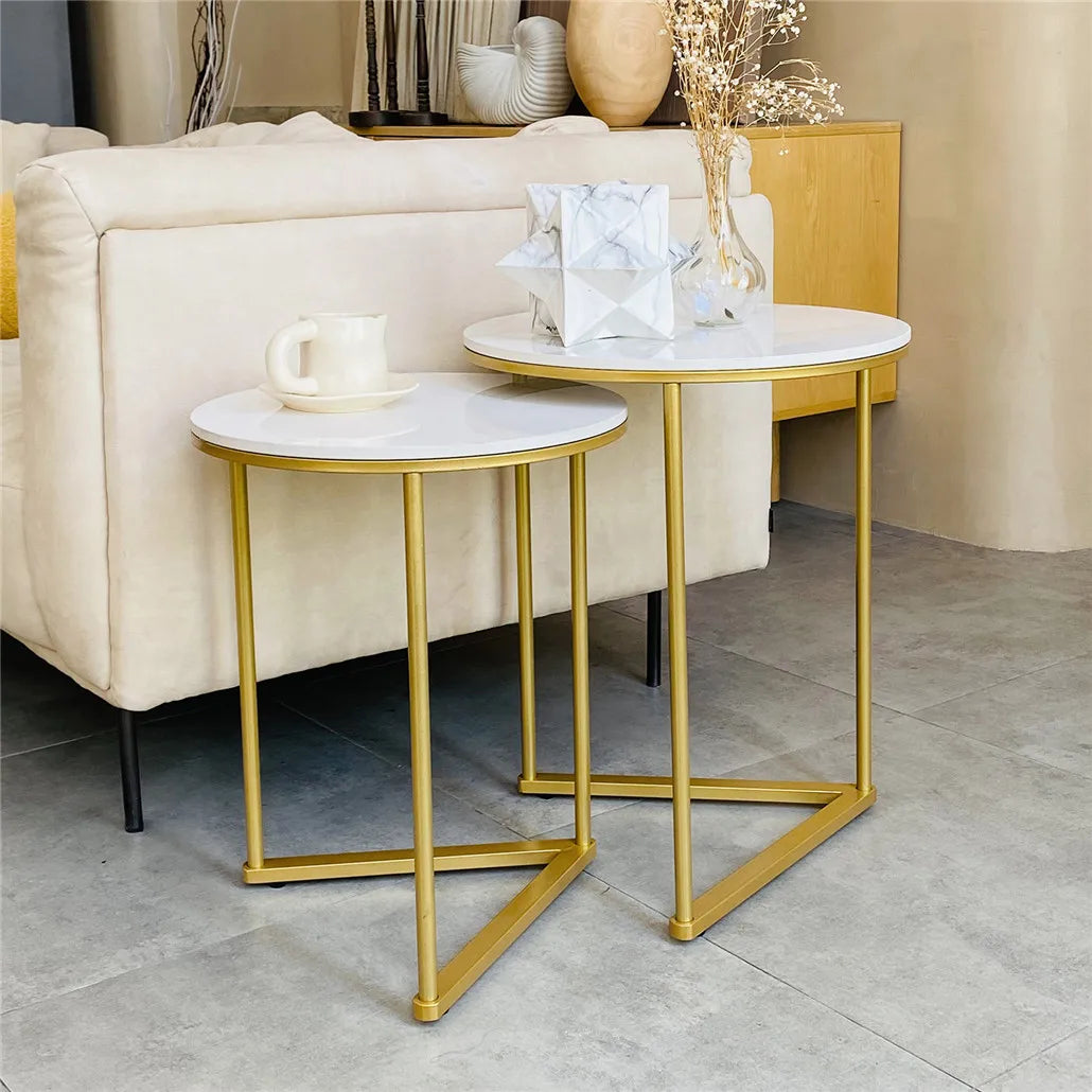 Modern Marble Nesting Tables - Set of 2 with Metal Base Gold Accent - ZOOMNSTORE