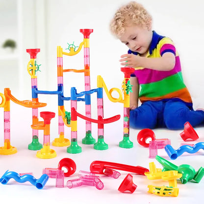 Marble Run Race Track - DIY Marble Run Set With Kids Building Blocks & Ball Roll Coaster - ZOOMNSTORE