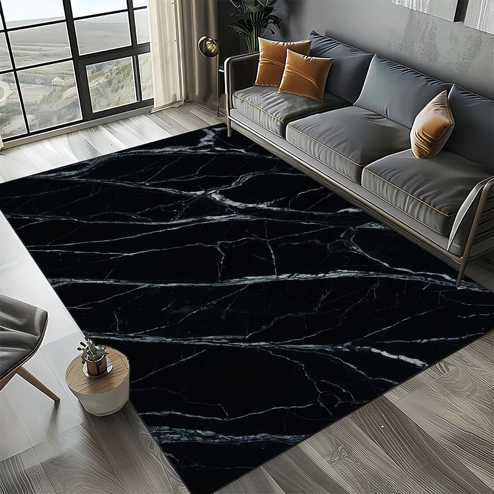 Marble Stone Carpet Rug - Modern Black White Gold Polyester Velvet Area Rug for Living Room - ZOOMNSTORE
