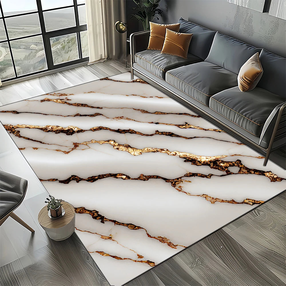 Marble Stone Carpet Rug - Modern Black White Gold Polyester Velvet Area Rug for Living Room - ZOOMNSTORE