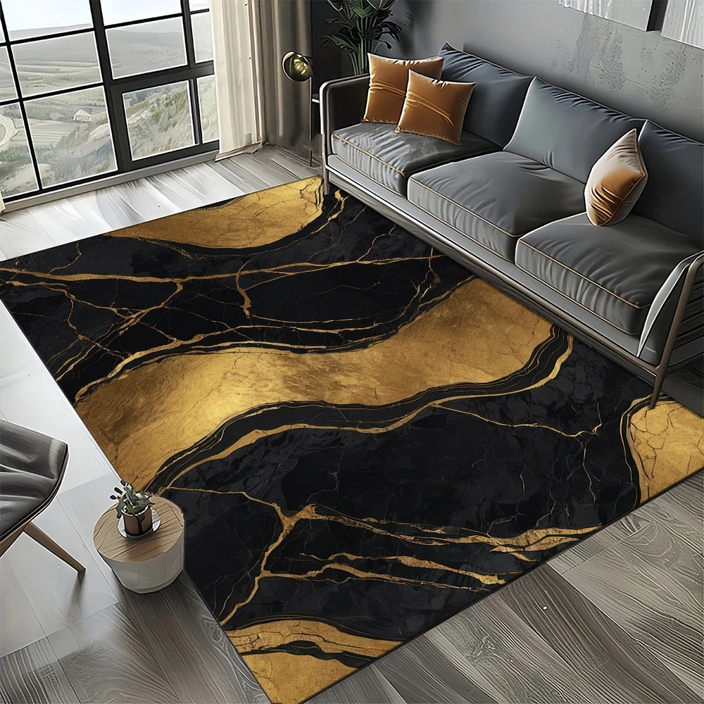 Marble Stone Carpet Rug - Modern Black White Gold Polyester Velvet Area Rug for Living Room - ZOOMNSTORE