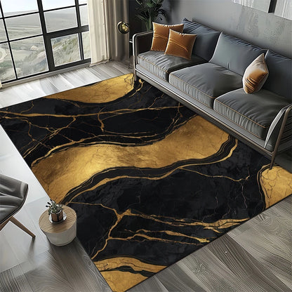 Marble Stone Carpet Rug - Modern Black White Gold Polyester Velvet Area Rug for Living Room - ZOOMNSTORE