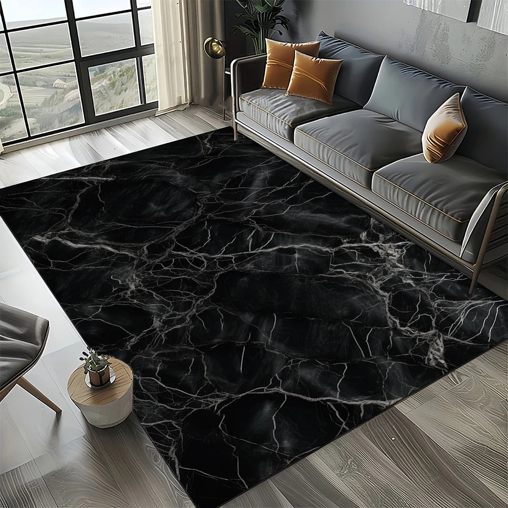 Marble Stone Carpet Rug - Modern Black White Gold Polyester Velvet Area Rug for Living Room - ZOOMNSTORE