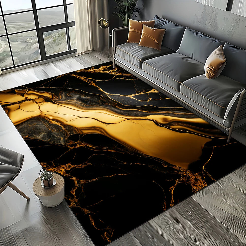 Marble Stone Carpet Rug - Modern Black White Gold Polyester Velvet Area Rug for Living Room - ZOOMNSTORE