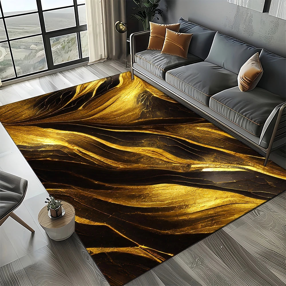 Marble Stone Carpet Rug - Modern Black White Gold Polyester Velvet Area Rug for Living Room - ZOOMNSTORE