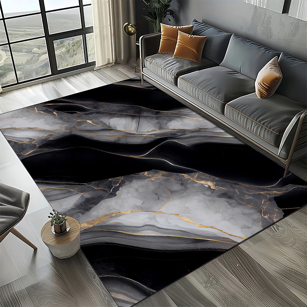Marble Stone Carpet Rug - Modern Black White Gold Polyester Velvet Area Rug for Living Room - ZOOMNSTORE