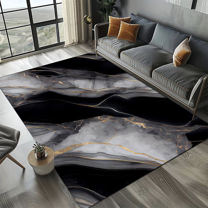 Marble Stone Carpet Rug - Modern Black White Gold Polyester Velvet Area Rug for Living Room - ZOOMNSTORE