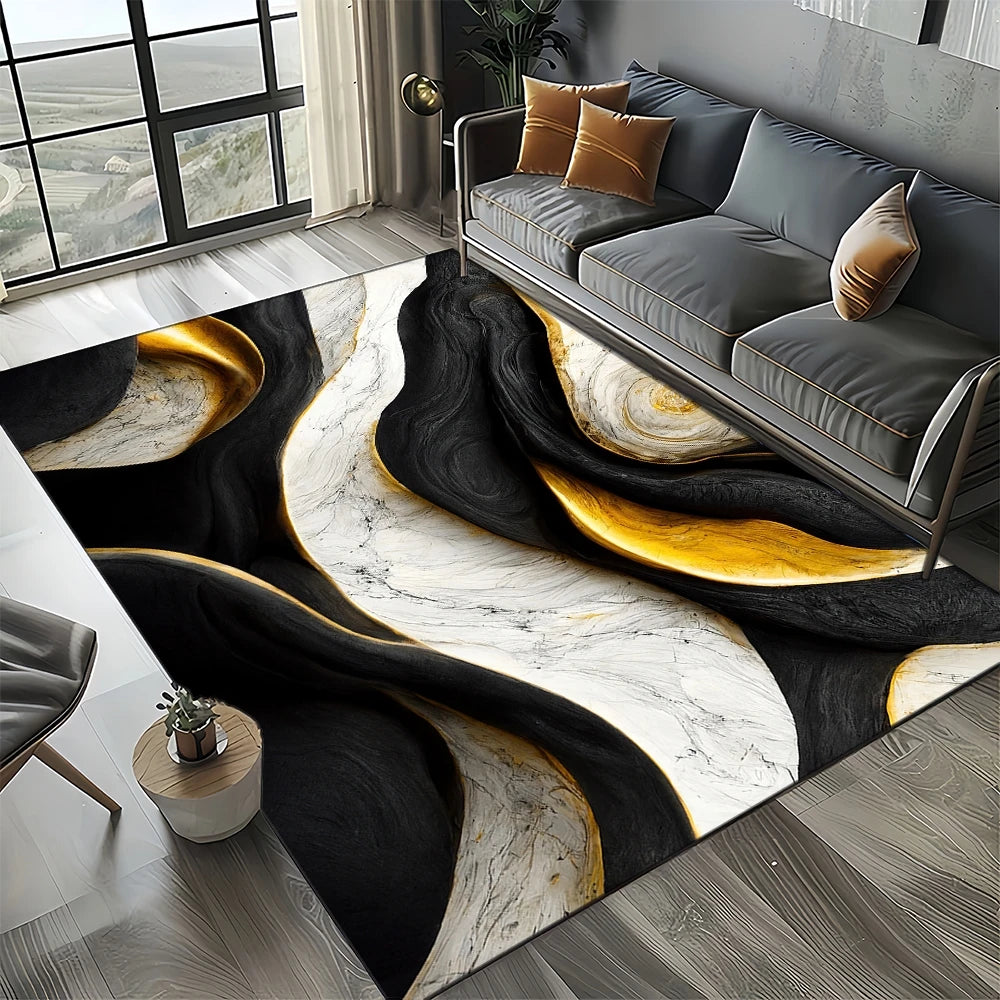 Marble Stone Carpet Rug - Modern Black White Gold Polyester Velvet Area Rug for Living Room - ZOOMNSTORE