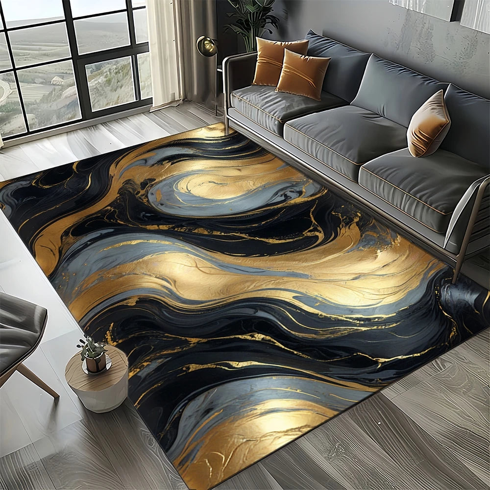 Marble Stone Carpet Rug - Modern Black White Gold Polyester Velvet Area Rug for Living Room - ZOOMNSTORE