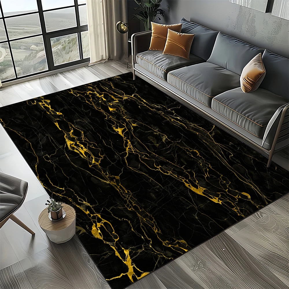 Marble Stone Carpet Rug - Modern Black White Gold Polyester Velvet Area Rug for Living Room - ZOOMNSTORE